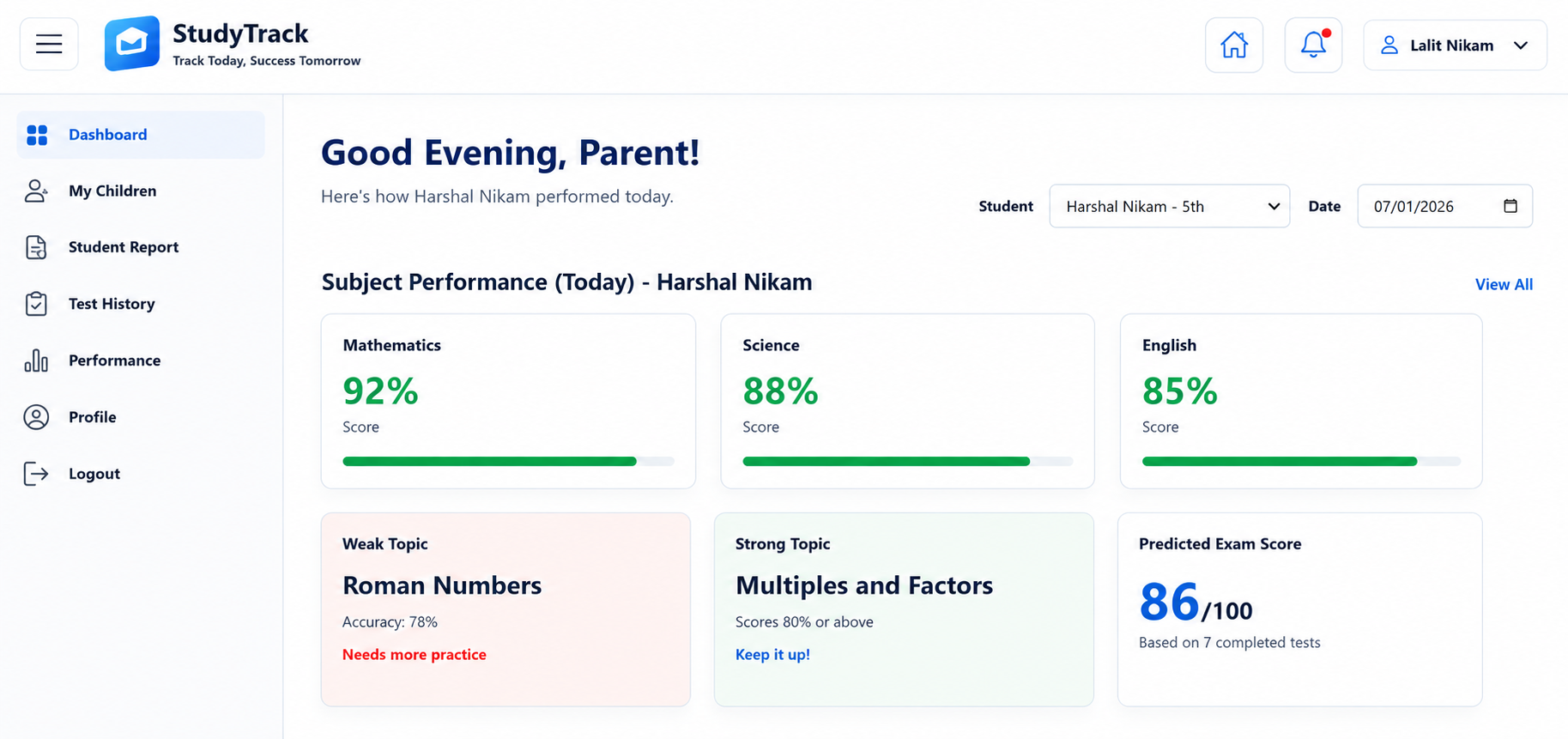 StudyTrack parent dashboard preview