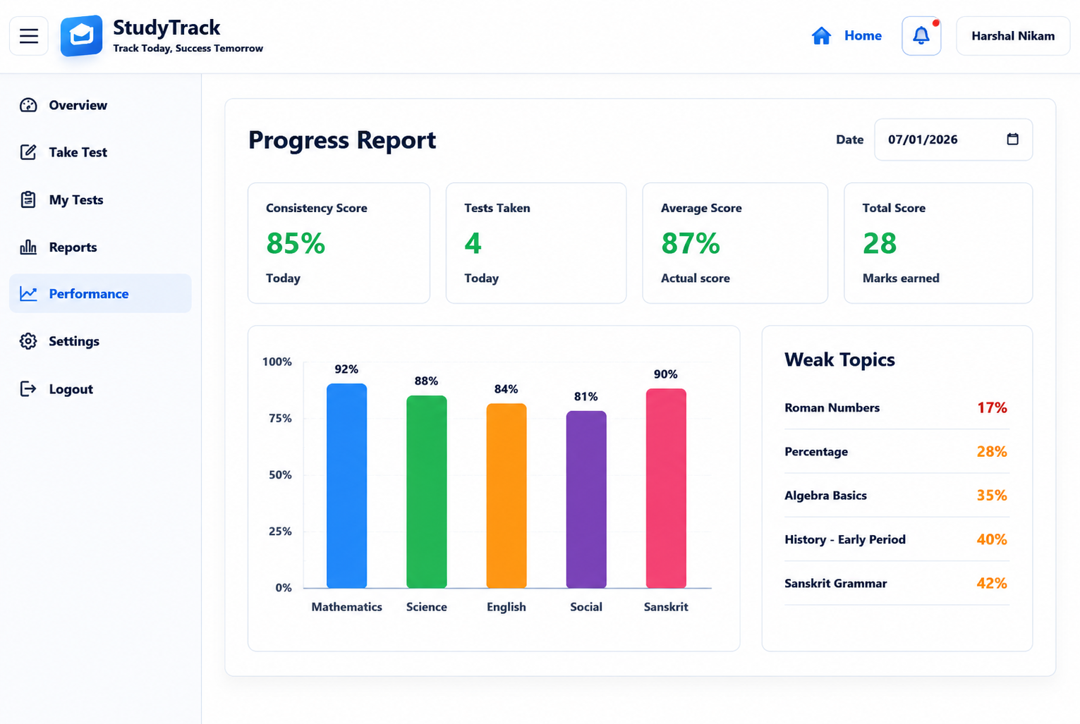StudyTrack weekly progress report preview